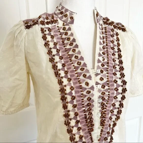 Anthropologie Forever That Girl Cotton Embroidered Beaded Peasant Top Ecru US 2 - Picture 6 of 10